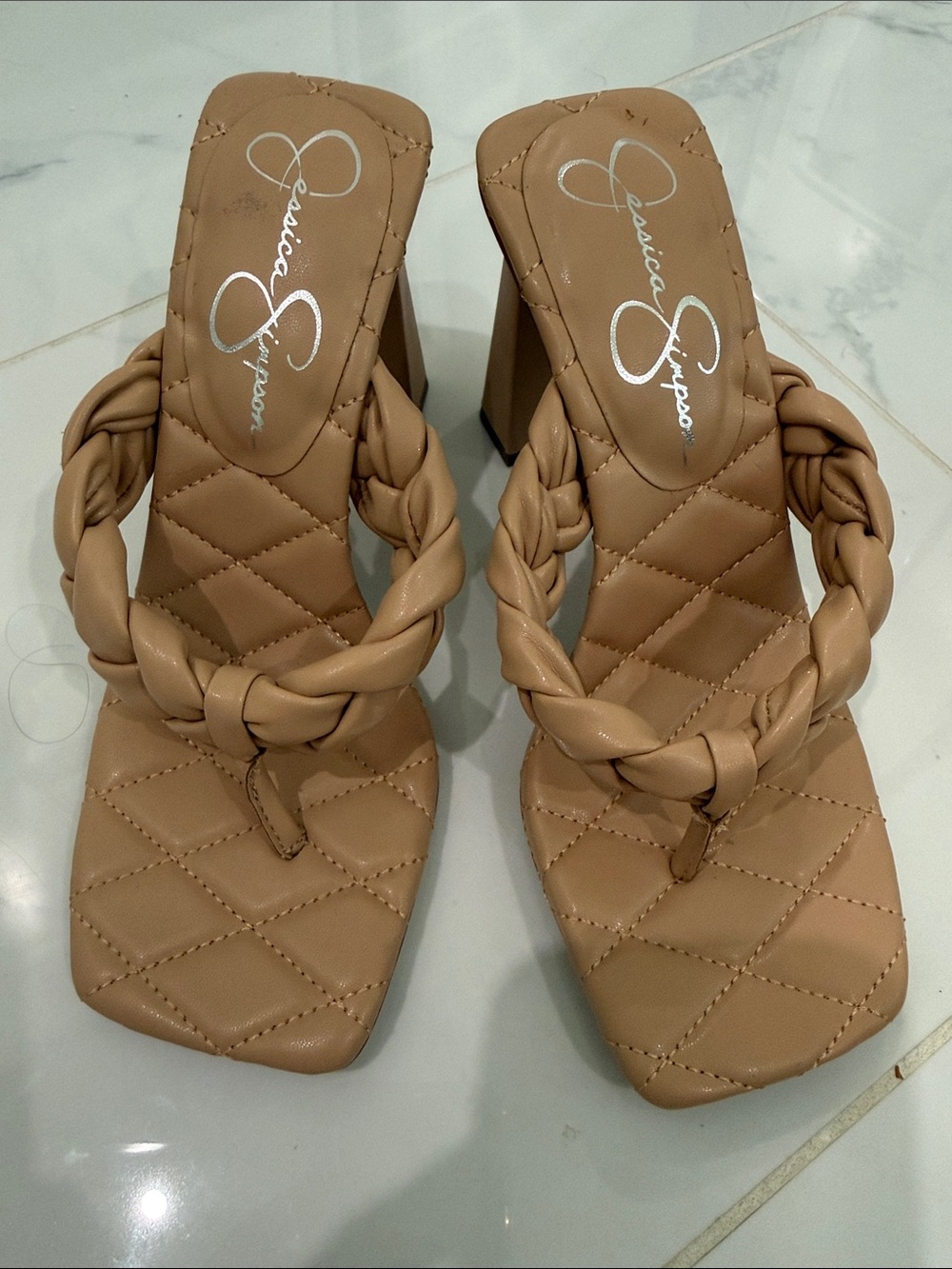 Jessica Simpson Braided Square-Toe Block Heel Sandals in Tan